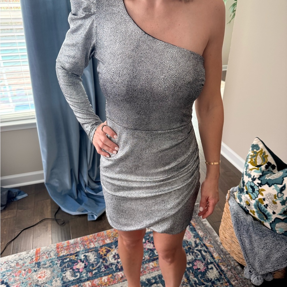 Aqua One-Shoulder Metallic Dress